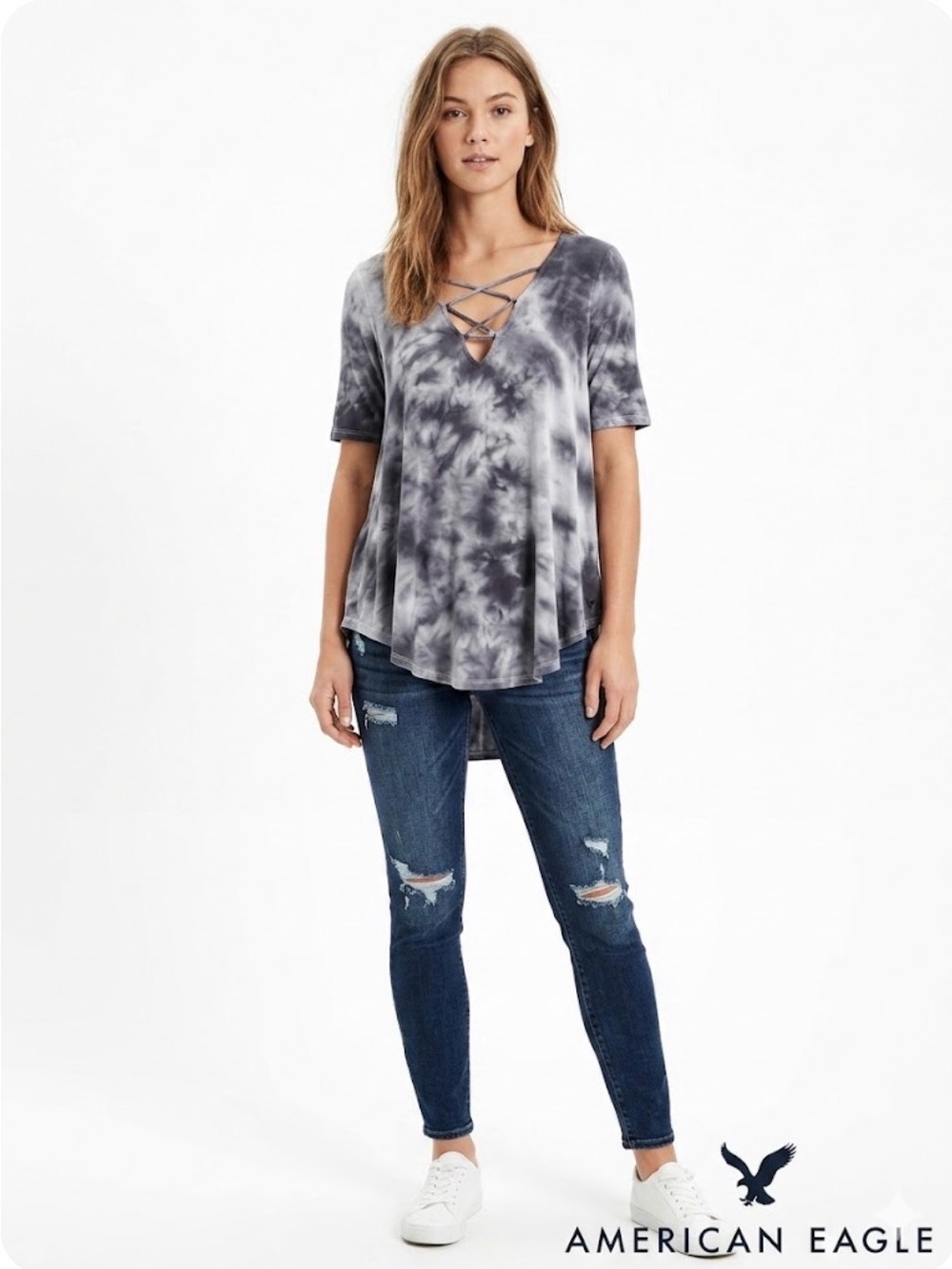 American Eagle Gray Tie-Dye Criss-Cross Front Tunic Top